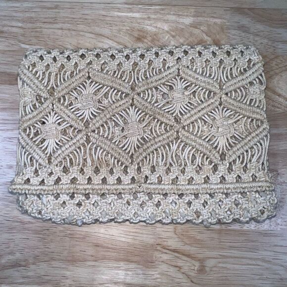 Macrame Crochet Clutch Mini Bag in Natural Beige Fold over Flap, Zip Top Closure - Picture 11 of 11